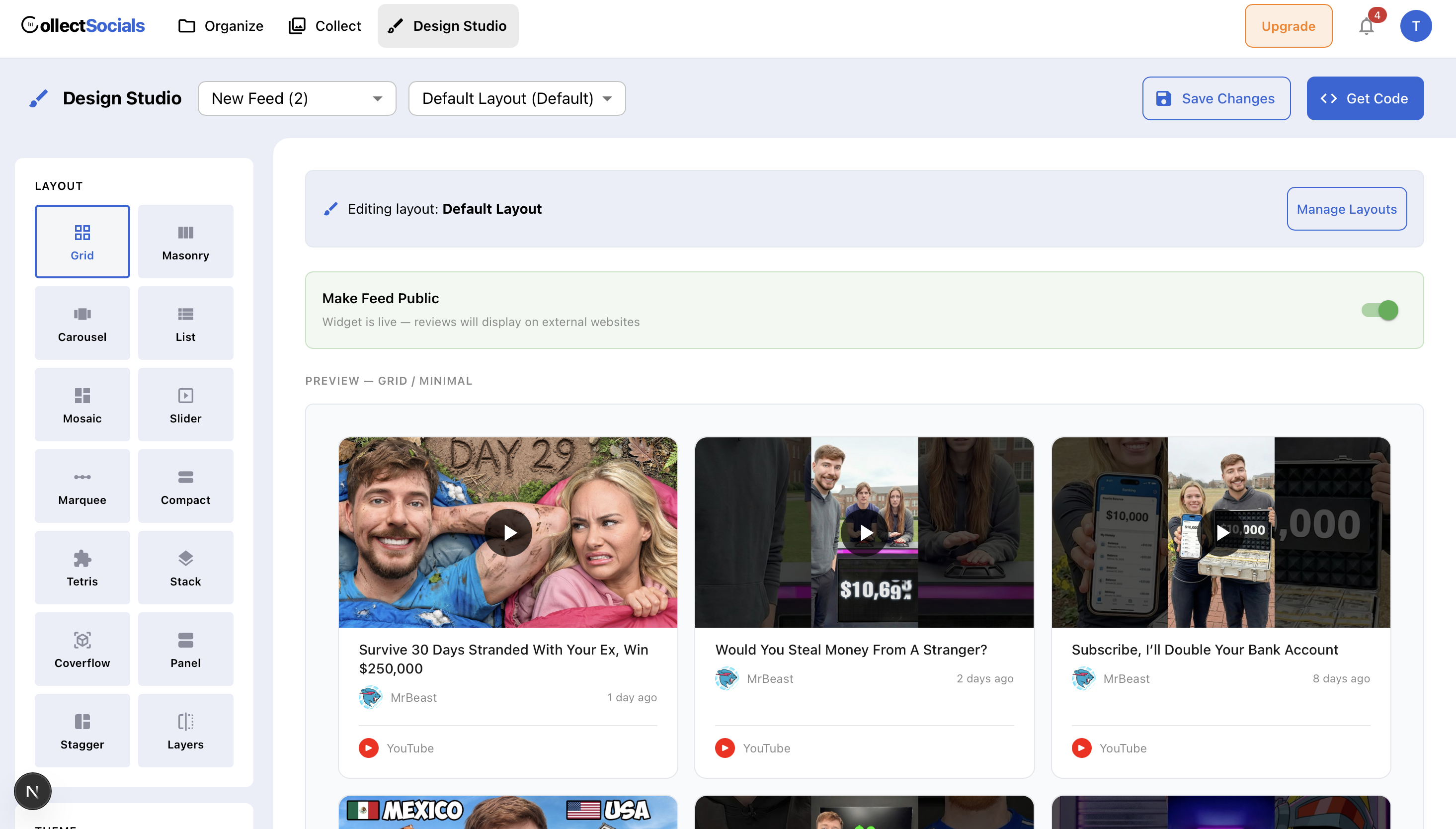 CollectSocials design studio showing 14+ layouts and 15+ themes