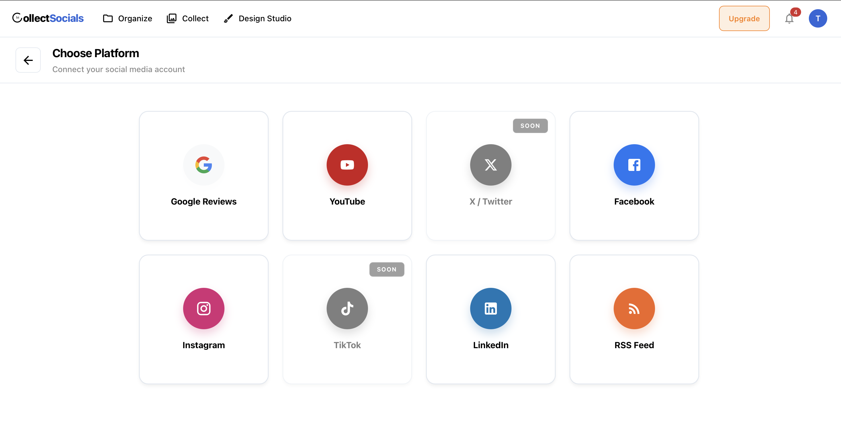 CollectSocials source selection interface showing Instagram, TikTok, YouTube, etc.