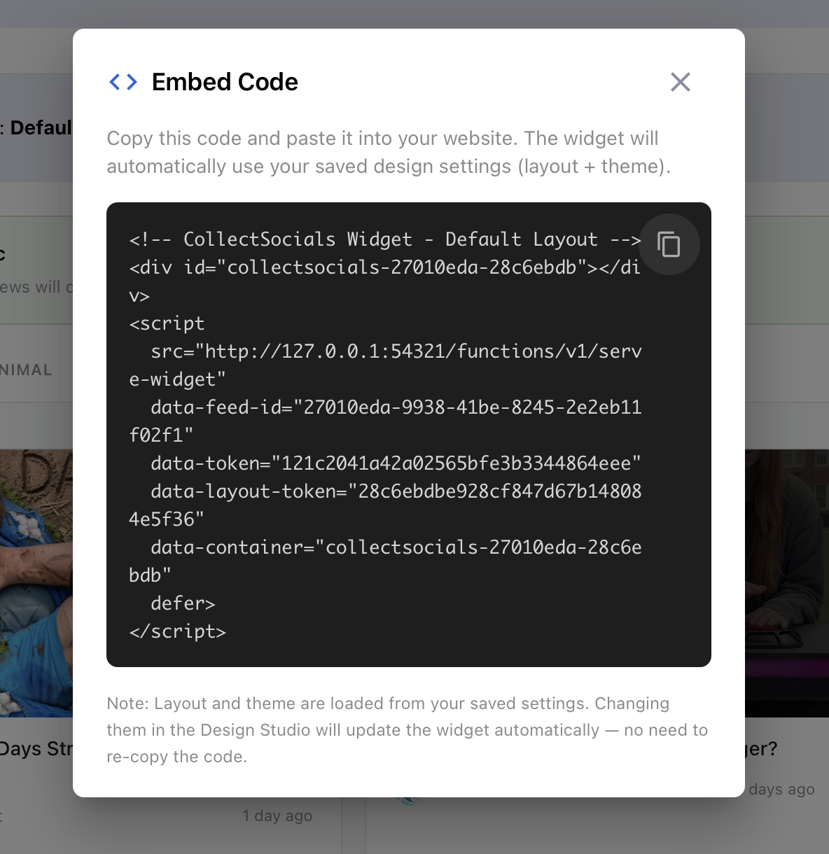 CollectSocials embed code modal showing script tag ready to copy